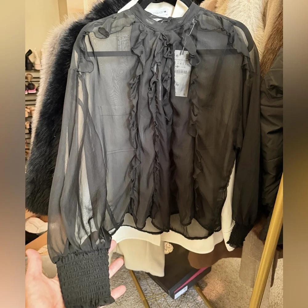 Zara NWT black ruffle long sleeve sheer mesh blouse - Picture 10 of 10